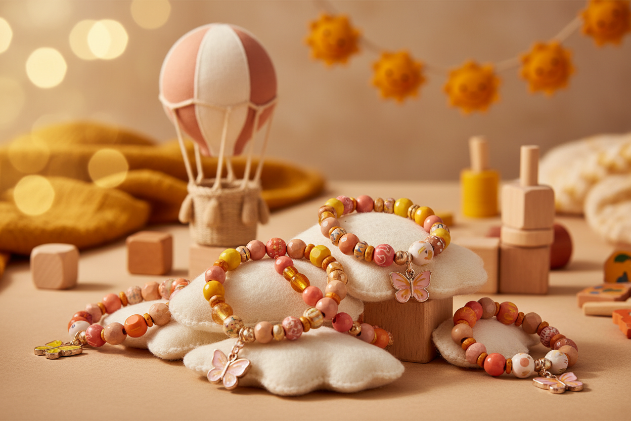 Warm-toned children's jewelry collection display