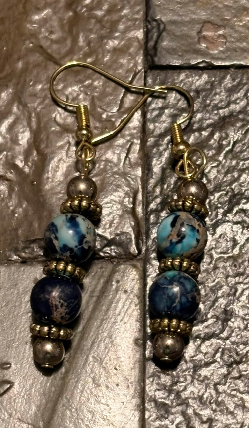 Blue Marbled Stone Dangle Earrings with Bronze Accents