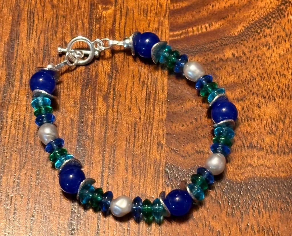 Blue Pearl & Glass Bead Bracelet with Toggle Clasp