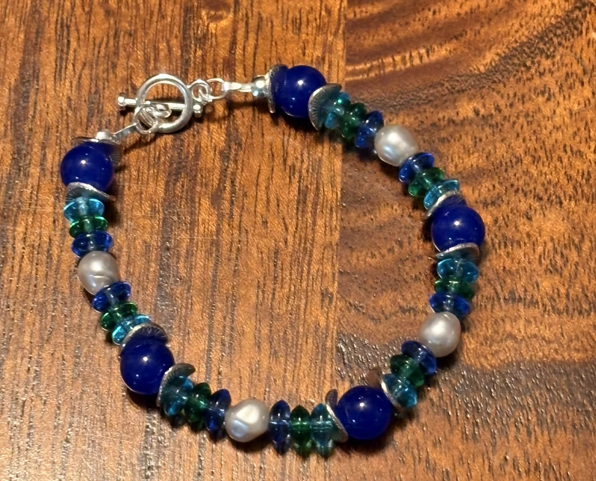 Blue Pearl & Glass Bead Bracelet with Toggle Clasp