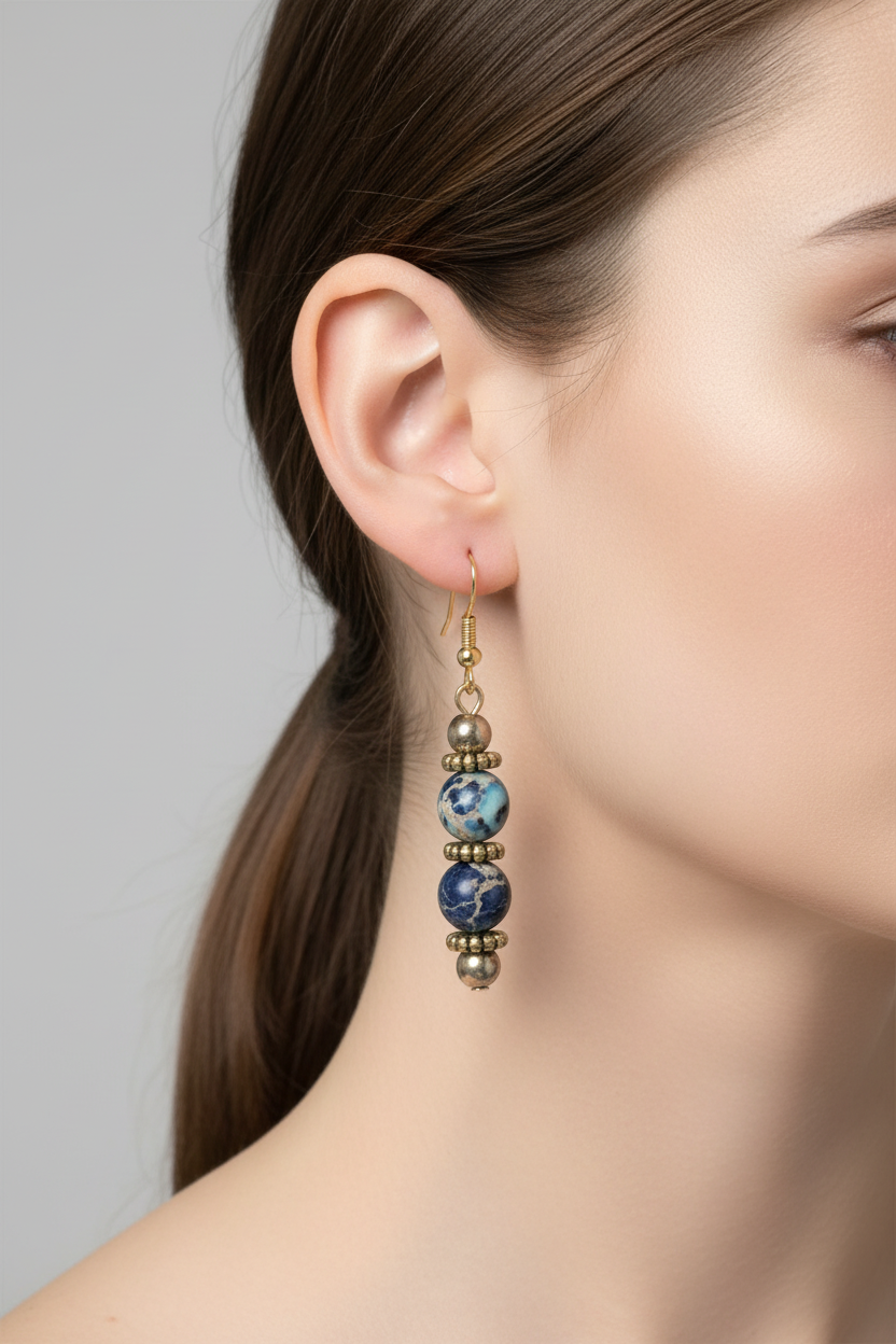 Blue Marbled Stone Dangle Earrings with Bronze Accents
