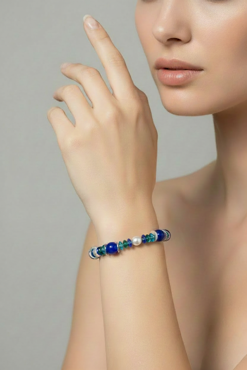 Blue Pearl & Glass Bead Bracelet - No Clasp Side
