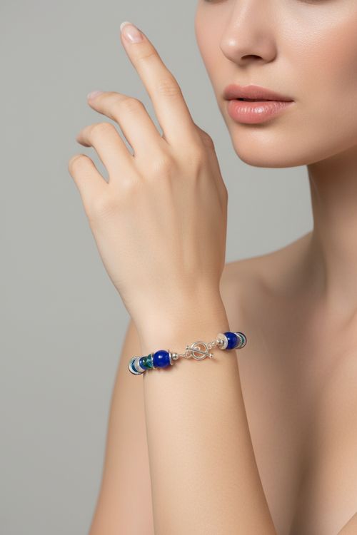 Blue Pearl & Glass Bead Bracelet on Model