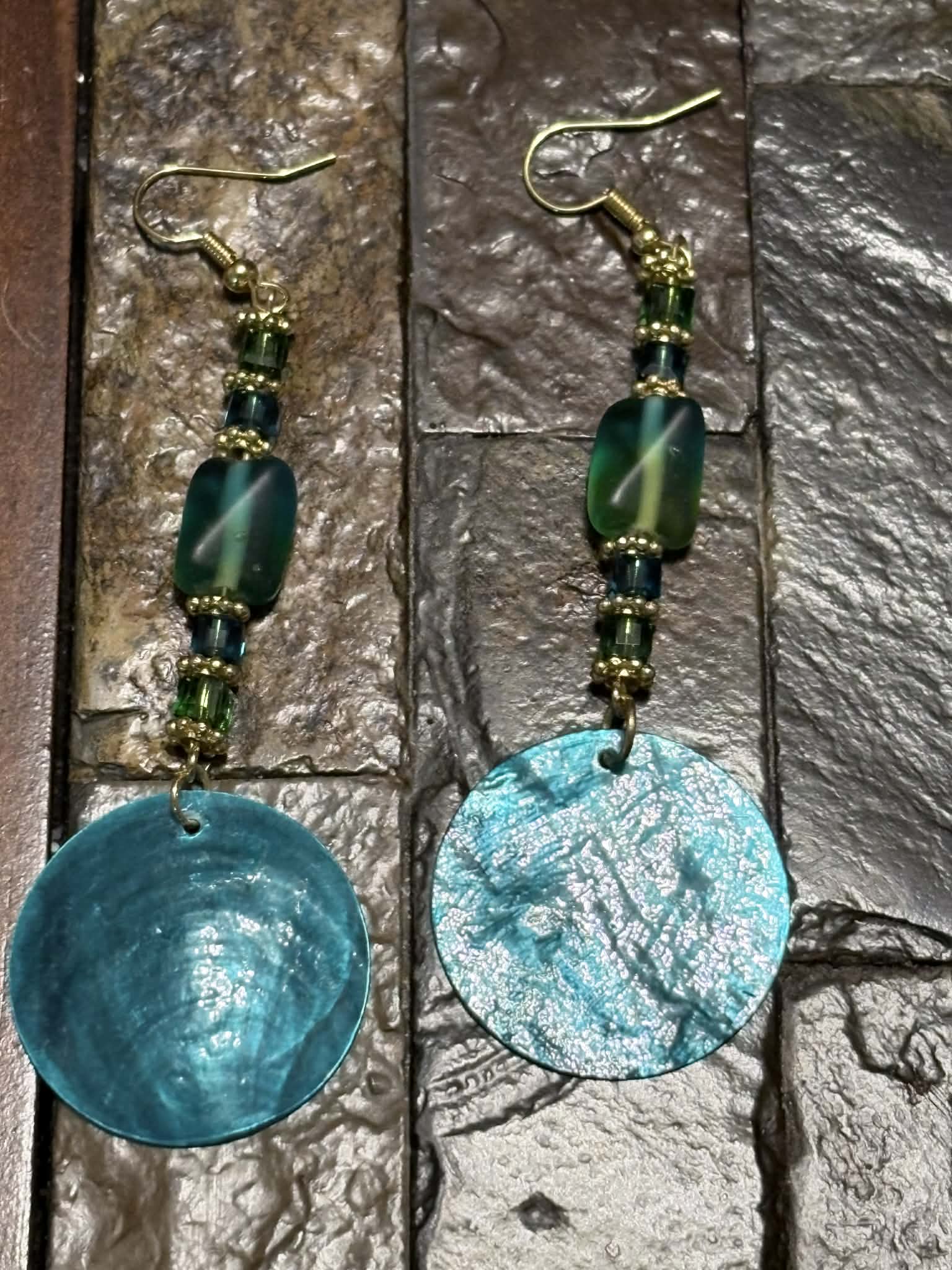 Turquoise Shell Statement Earrings with Green Glass Beads