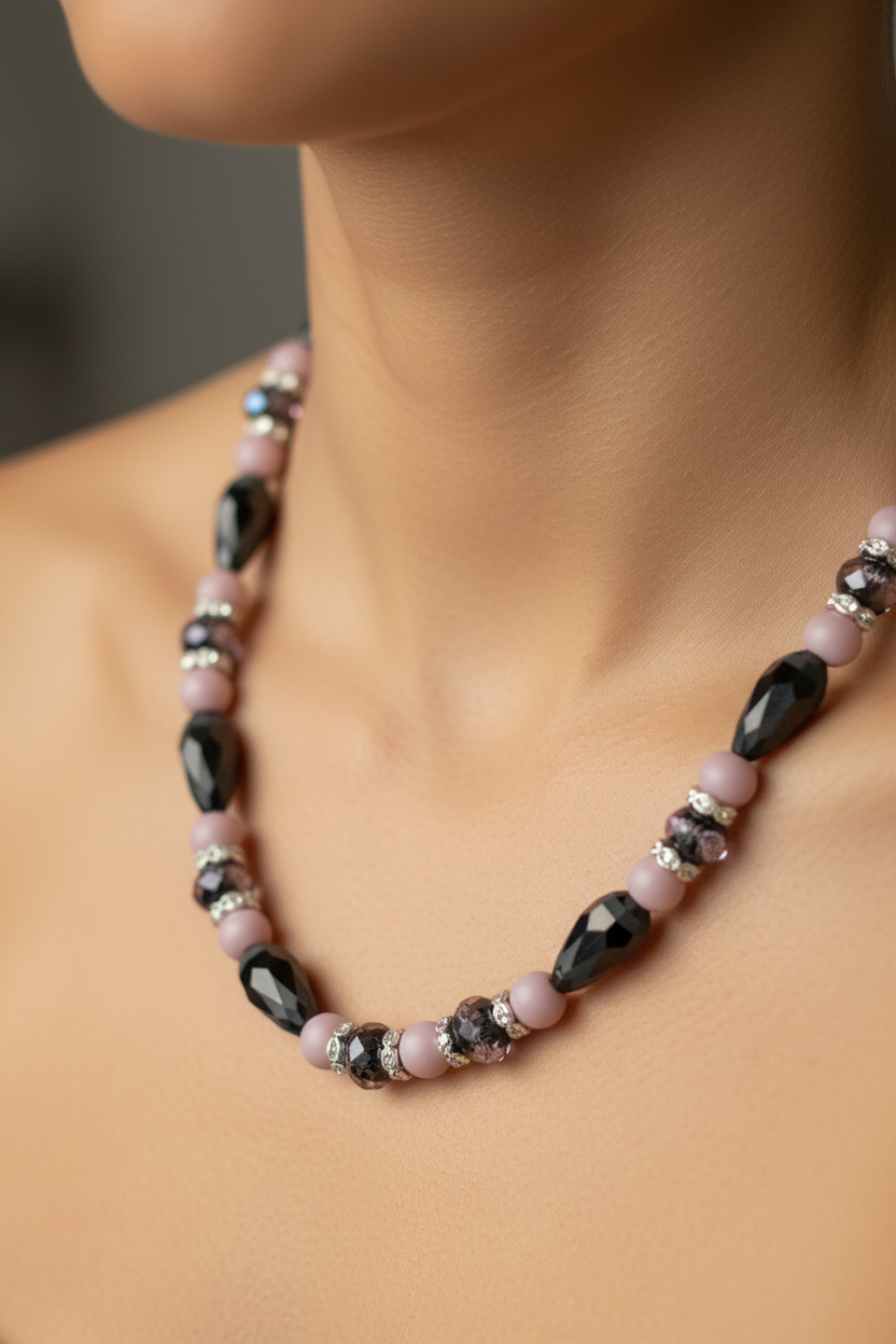 Close up bead detail of black crystal and pink jewelry set