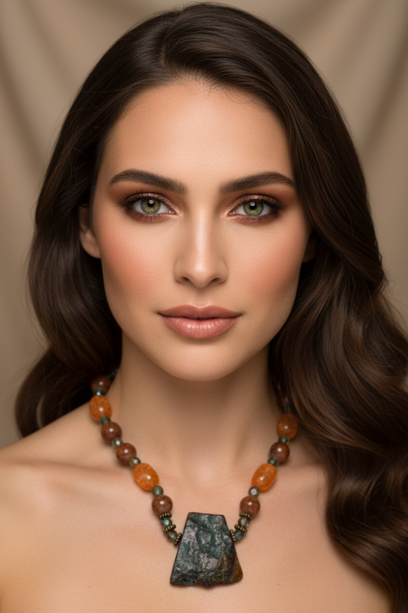 Amber & Faux Turquoise Stone Pendant Necklace