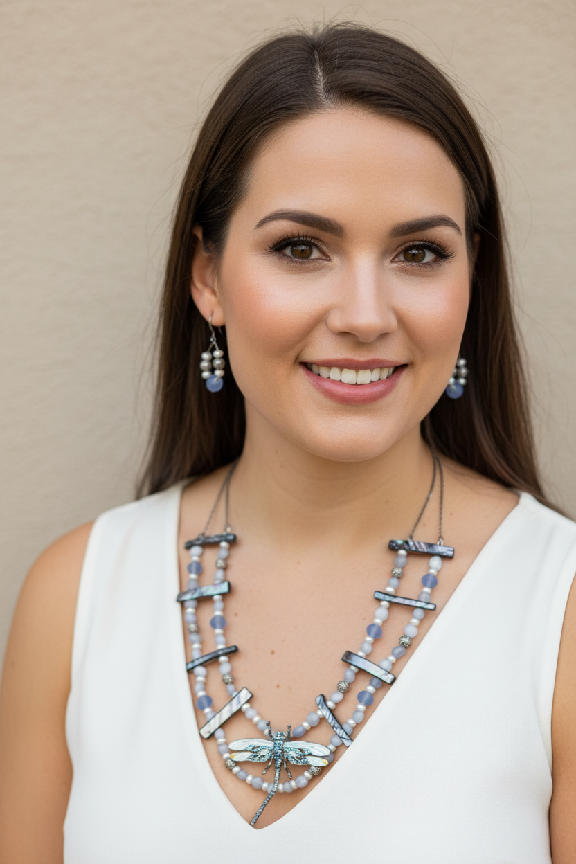 Blue Dragonfly Necklace & Earring Set with Shell Bars
