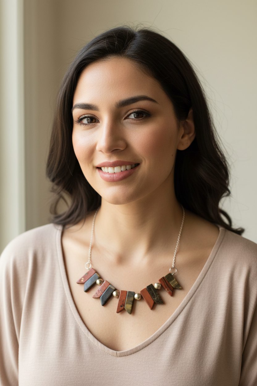 Geometric Chevron Statement Necklace - Tri-Color Brown Stones with Gold Accents
