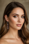Model wearing purple beaded earrings