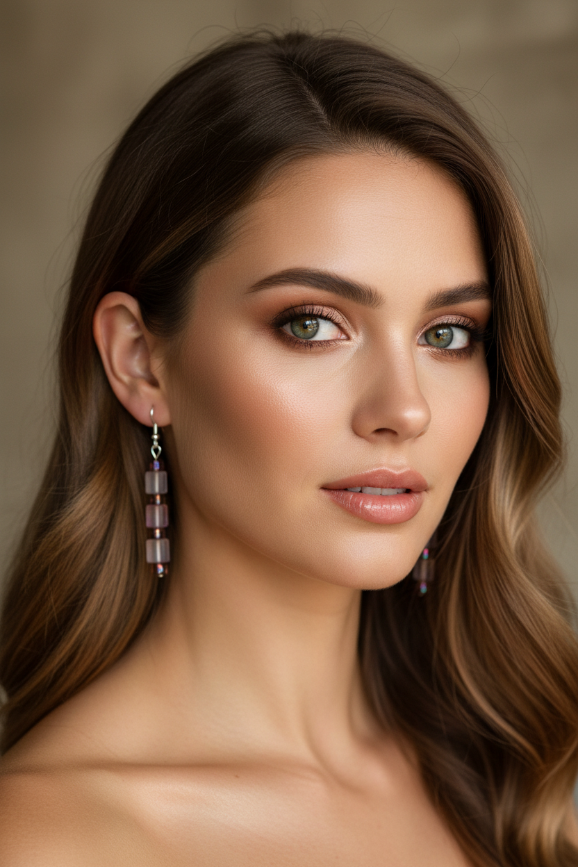 Model wearing purple beaded earrings