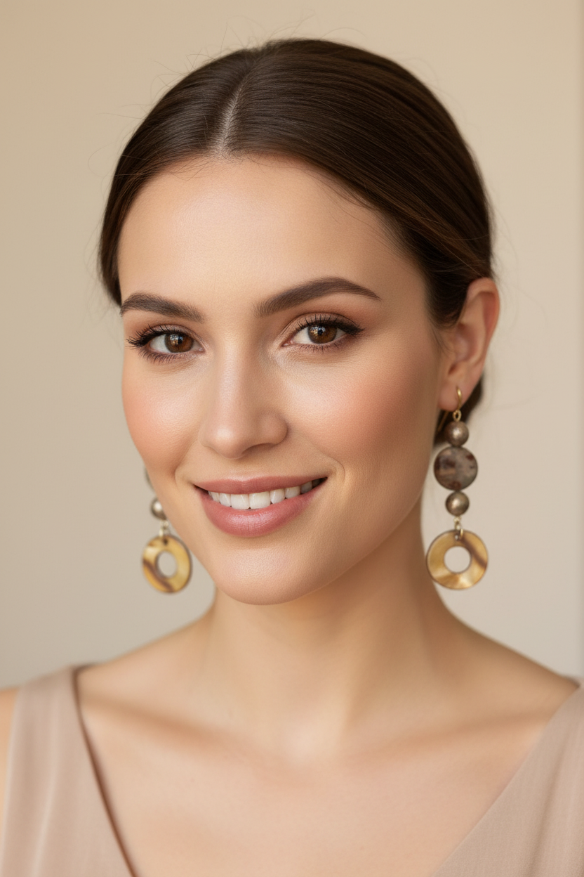 Shell Disc & Tri-Color Stone Bead Drop Earrings - Brown & Earth Tones