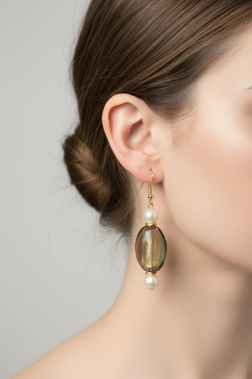 Olive Green Glass & Pearl Dangle Earrings