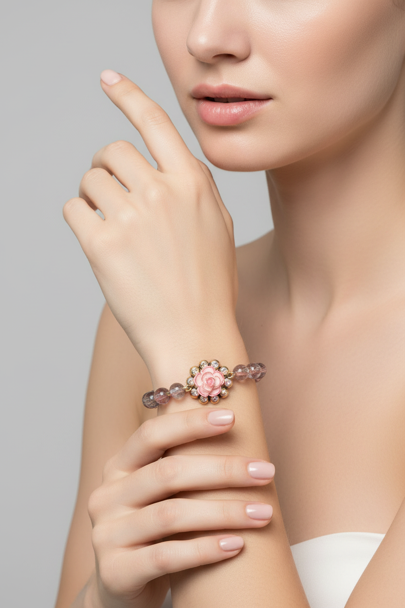 Pink Rose Charm Bracelet - 7 inch