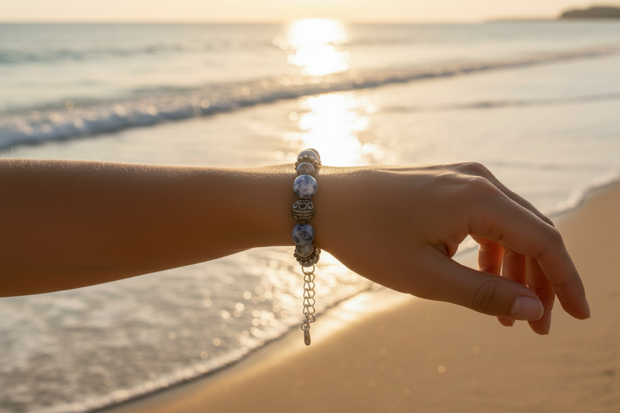 Sodalite Dusk Bracelet close-up on model at beach
