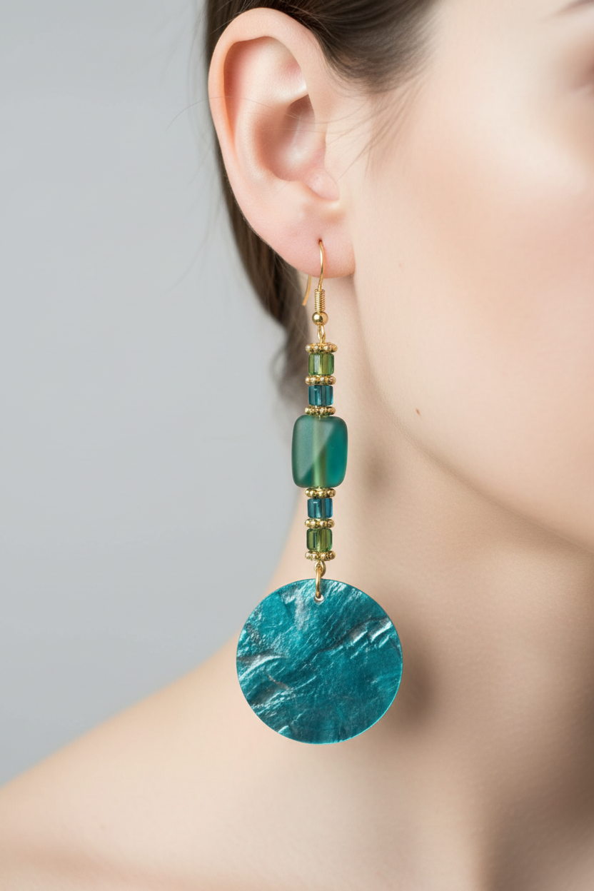 Turquoise Shell Statement Earrings with Green Glass Beads